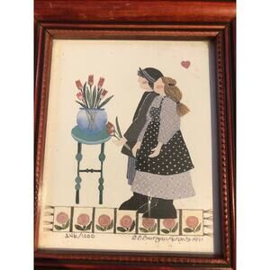 Vtg Mini Print Tulips Framed watercolor Barbara Bourgeau Richards signed